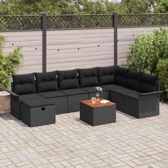 vidaXL Conjunto De Sof&aacute; De Jard&iacute;n Con Coj&iacute;n 9 Pcs Negro Polirat&aacute;n Vidaxl