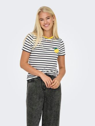 Only Kurzarmshirt ONLY ONLHEART LIFE S/S TEE JRS NOOS, Damen, Gr. XS, cloud dancer stripes:night sky, lemon, Jersey, Obermaterial: 95% Viskose, 5% Elasthan