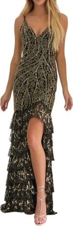 Primavera V-Neckline Floor-Length Dress In Black/gold