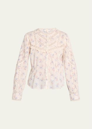 LoveShackFancy Miah Floral Lace-Trim Dobby Cotton Blouse