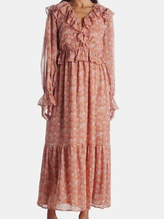 Moon River Moon River Midi Dress Womens Coral Aztec Print Ruffle Puff Sleeve JDM1193