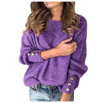 Generic Womens Jumpers Long Sleeve Tops Sweater Crewneck Knitted Jumpers Pullover Lightweight Loose Sweatshirts Stretch Knitwear Ladies Solid Color Casual Win