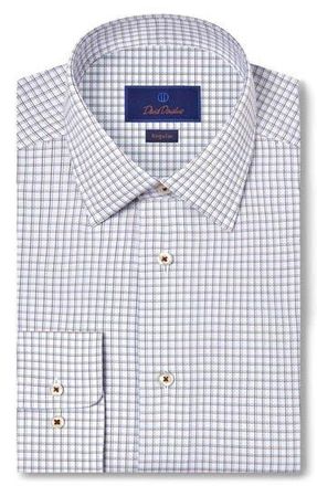 David Donahue Regular Fit Shadow Check Cotton Dobby Dress Shirt in White/Chocolate at Nordstrom Rack, Size 17 - 34/35
