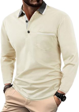 Generic Mens Polos T-Shirts Casual Long Sleeve Top Collared Color-Blocked Henley T Shirt Mens Buttons Pocket Outdoor Sweatshirts for British-Style Work & Dail