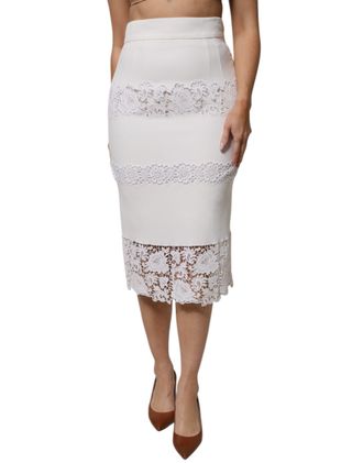 Dolce & Gabbana White Floral Lace High Waist Pencil Cut Womens Skirt