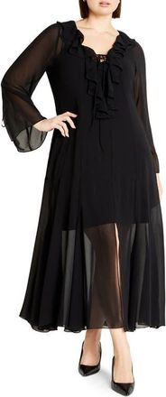 City Chic Vamp Ruffle Long Sleeve Chiffon Maxi Dress in Black at Nordstrom, Size Xs
