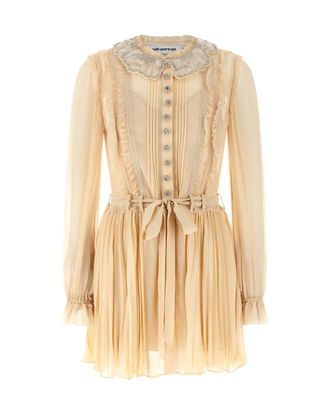Self Portrait Mini Georgette Dress with Pleating and Embroidery