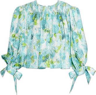 Chlo&eacute; Geplooide Cropped Top van Zijde Jacquard - Dames - Blouses - Blauw - S - Overhemden