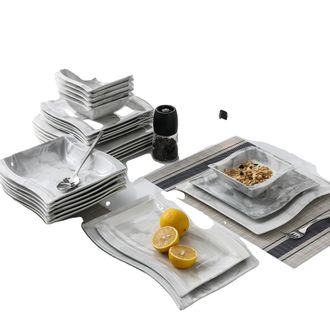 OEM Juego De Vajilla De Porcelana Gris Jaspeada De 26 Piezas, Ecol&oacute;gico Y Sostenible