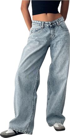Generic 2025 Trousers Women Low Rise Baggy Jeans Loose Fit Boyfriend Straight Wide Leg Jeans Stretch Long Denim Pants (Blue, S)