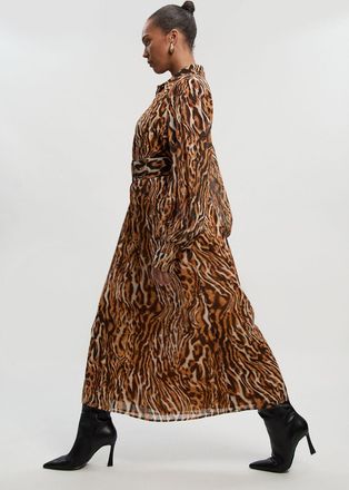 Karen Millen Womens Plus Size Animal Print Georgette Belted Woven Shirt Dress - Size 20 UK