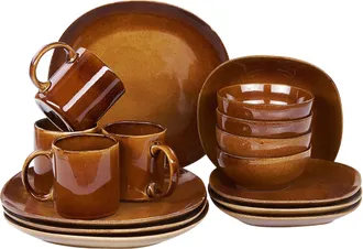 Beliani Beliani - Conjunto De 16 Piezas De Gres Marr&oacute;n Dorado 4 Personas Esmalte Reactivo Turmeric