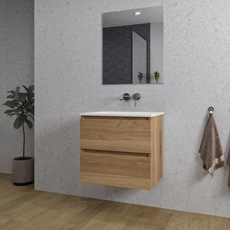 Saniclass Chaci Badkamermeubelset - 60x46x55cm - keramische wastafel wit - 1 wasbak - zonder kraangat - 2 lades - rechthoekige spiegel - eiken