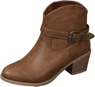 Generic Ankle Boots For Women Uk Fashion Western Cowboy Style Leather Boots Chunky Heel Pointed Toe Heel Booties With Side Zipper And Stopper(Light Brown,10)