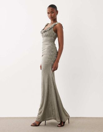 Asos Vestito lungo con scollo squadrato e volant in tessuto d&eacute;vor&eacute; verde salvia-Marrone