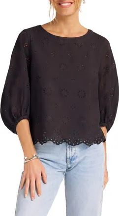 Matty M Kashira Eyelet Puff Sleeve Top in Black at Nordstrom, Size X-Large