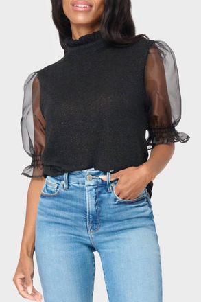 Gibsonlook Feminine Ruffle Top With Organza Puff Elbow Sleeve In Black
