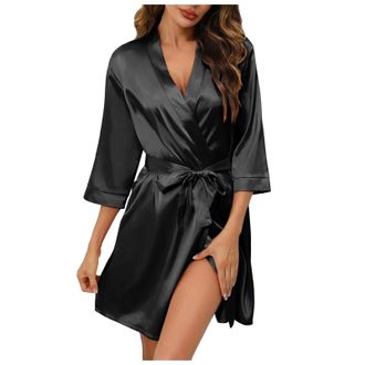 Generic Nighties for Women Womens Bride Bridesmaids Robe Short Satin Robes for Wedding & Bridal Party Silk Bathrobes for Women (Black, L)