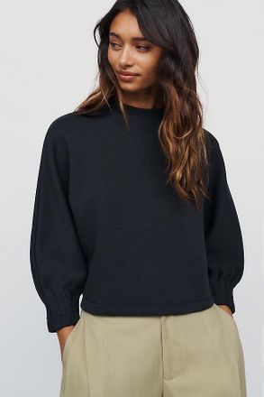 Maeve Cotton Blend Pleated Sleeve Crewneck Sweatshirt