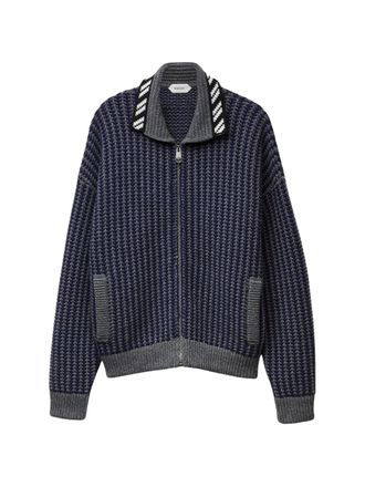 Versace Waffle Knit Zip Cardigan with Geometric Intarsia Motif