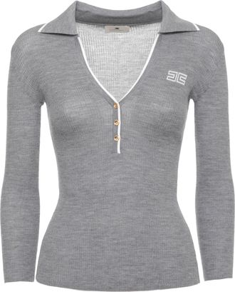 Elisabetta Franchi Fitted Grey Wool Sweater with Profile Collar and Gold Accents