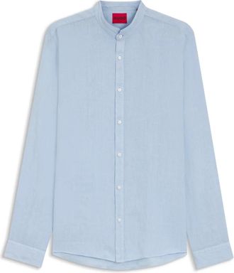 HUGO BOSS Elvory Slim-Fit Linnen-Canvas Overhemd - Heren - Casual Overhemden - Blauw - M - Linnen - Overhemden