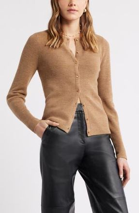 Caslon Crewneck Merino Wool Blend Cardigan in Tan Camel Dark Heather at Nordstrom Rack, Size Large