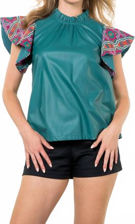THML Clothing Embroidered Flutter Sleeve Leather Top In Teal