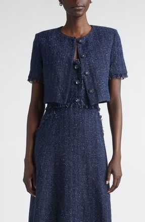 St. John Metallic Shimmer Tweed Bolero Jacket in Midnight Metallic at Nordstrom, Size 14