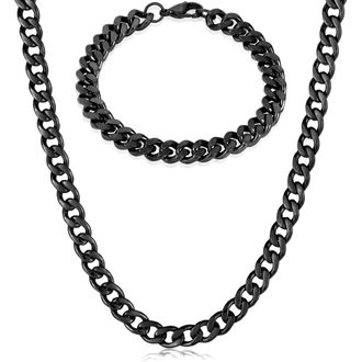 Crucible Jewelry Mens Bracelet and Necklace Black Plated Steel Curb Chain Set