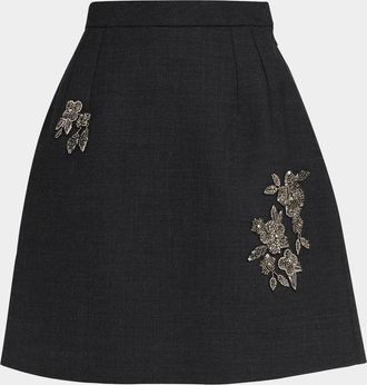 Dice Kayek Floral Embellished Wool Stretch Mini A-Line Skirt
