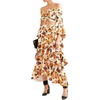 Ellery Orange Floral Print Ruffled Midi Skirt Size XXS