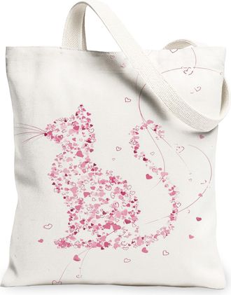 Generic Cat Hearts Canvas Tote Bags, Cute Feline Pattern Reusable Grocery Bags, Spring Floral Vintage Lightweight Washable Shoulder, White, 13x15 Inch