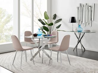 Furniturebox Novara Clear Tempered Glass 100cm Round Dining Table with Chrome Starburst Legs & 4 Corona Faux Leather Silver Leg Chairs in Beige