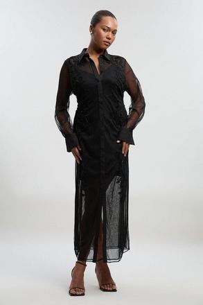 Karen Millen Womens Archive Plus Size Mesh Embellished Embroidered Sheer Shirt Dress - Black - Size 18 UK