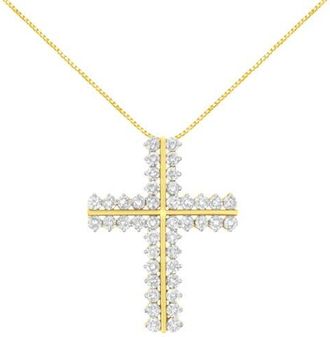 House of Brilliance 10K Yellow Gold 4.0 Cttw Diamond Two Row Cross 18 Pendant Necklace at Nordstrom
