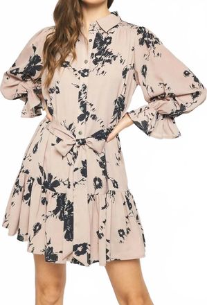 Entro Floral Print Tie Dress In Taupe And Black