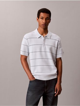 Calvin Klein Mens Cotton Stripe Sweater Polo Shirt - Light/Pastel Blue - 2XL