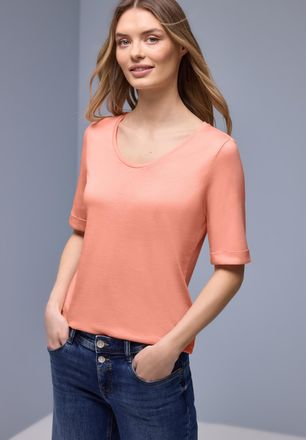 Street One Rundhalsshirt STREET ONE, Damen, Gr. 40, light apricot, Jersey, Obermaterial: 50% Baumwolle, 50% Modal, unifarben, tailliert h&uuml;ftbedeckend, V-Ausschni