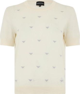 Emporio Armani Sweater met all-over micro adelaars borduursel - Dames - Ronde hals truien - Beige - S - Katoen - Truien & Vesten