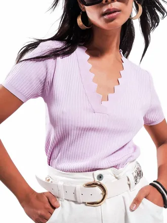 Q2 Ribbed V Neck Top In Lilac