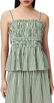 AllSaints Kali Stripe Smocked Cotton Peplum Tank in Apple Green/white at Nordstrom, Size 10