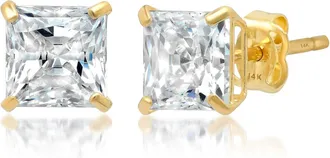 MAX + STONE 14k Yellow or White Gold Princess Cut Cubic Zirconia Stud Earrings 4MM to 7MM