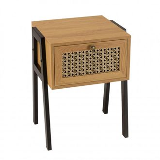 Macabane Mesa de noche marr&oacute;n con 1 caj&oacute;n efecto rejilla y patas de metal negro