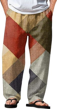Generic Ugly Printing Linen Trousers Mens Casual Patch-Work Pants Summer Beach Light Loose Pants Relaxed Elasticated Waist Office Drawstring Streetwear Quick-