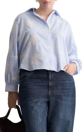 Mango Floral Embroidered Button-Up Shirt in Sky Blue at Nordstrom, Size 12