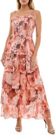Socialite Floral Smocked Tie Strap Maxi Cocktail Dress in Grey/Peach at Nordstrom Rack, Size X-Small