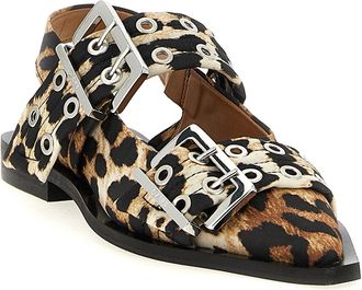 Ganni Leopard-Print Satin Buckle Slingback Flat - Leopard