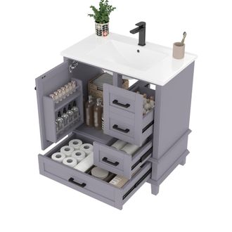 STILVORA Mueble Bajo Lavabo Con 1 Puerta Y 3 Cajones, Lavabo De Cer&aacute;mica, De Pie, Para Ba&ntilde;o, Gris, 76&times;46&times;83.5 Cm