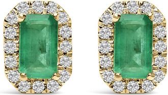 House of Brilliance 10K Yellow Gold 5x3mm Emerald-Cut Green Emerald and 1/7 Cttw Diamond Halo Octagonal Stud Earrings